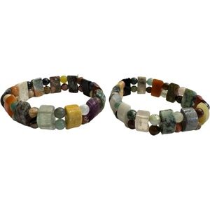Set of 2 Vintage Multi Mixed Gemstone Reversible Stretch Bracelet, Estate Find